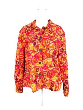 Coldwater Creek L Linen Blend Jacket Embroidered Sequin Pink Orange Floral Lined